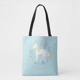 Bolsa Tote Bonito Unicórnio e Flores Aqua Personalizados