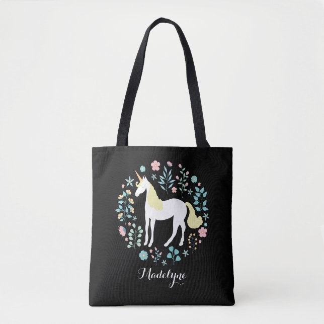 Bolsa Tote Bonito Unicórnio e Flores Preto Personalizado (Frente)