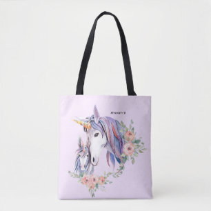 Bolsa Tote Bonito Unicórnio Mãe e Bebê Watercolor Floral