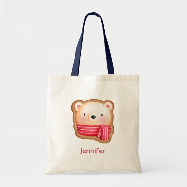Bolsa Tote Bonito Urso Rosto num Biscoito de Natal Vermelho (Frente)