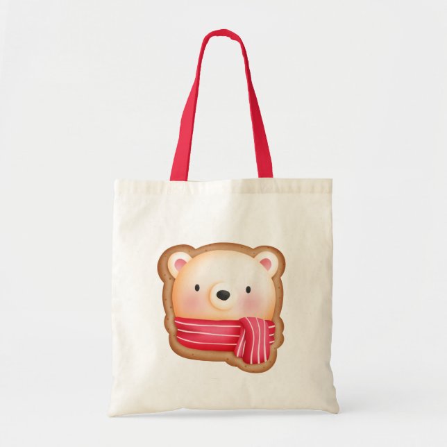 Bolsa Tote Bonito Urso Rosto num Biscoito de Natal Vermelho (Frente)