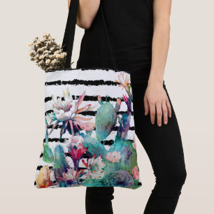 Bolsa Tote Bonito Watercolor Cactus Floral Black Stripes
