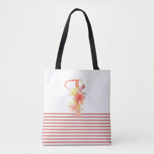 Bolsa Tote Bonito Watercolor Floral - Letra "I", rosa, Stripe