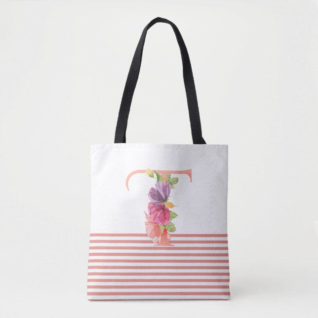 Bolsa Tote Bonito Watercolor Floral - Letra "T" - Tinta Rosa (Frente)