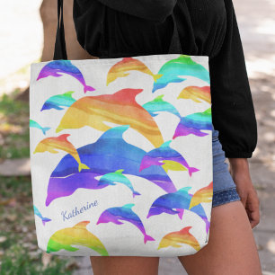 Bolsa Tote Bonitos golfinhos no arco-íris com nome