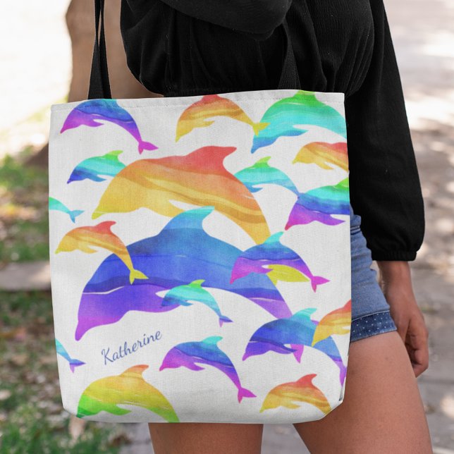 Bolsa Tote Bonitos golfinhos no arco-íris com nome próprio (Criador carregado)