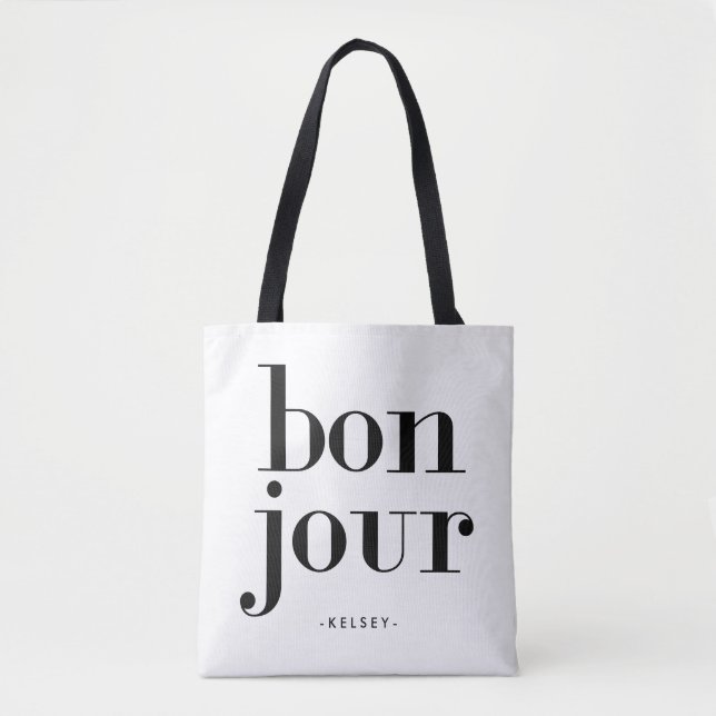 Bolsa Tote Bonjour preto e branco chique parisiense (Frente)