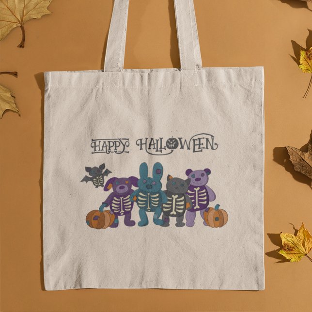 Bolsa Tote Bons animais de esqueleto e abóboras no Halloween (Criador carregado)