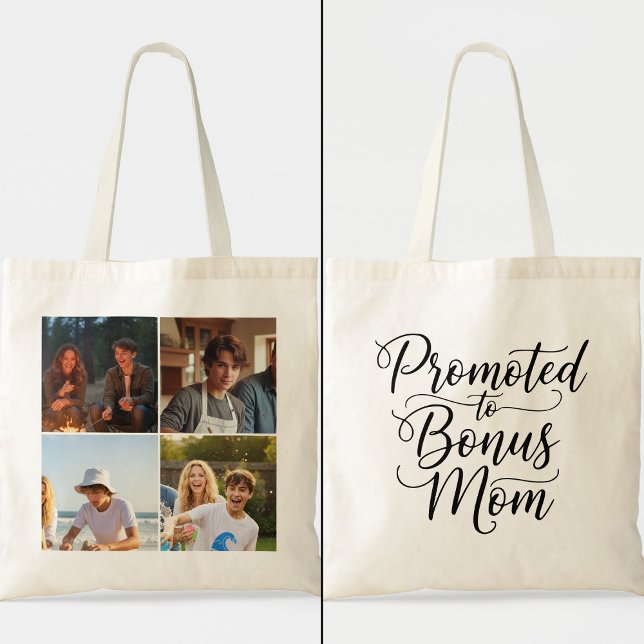 Bolsa Tote Bonus Mom Promoted Elegant Cursive Four Photo (Criador carregado)