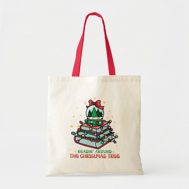 Bolsa Tote  Bookworm Reading Around the Christmas Tree  (Frente)