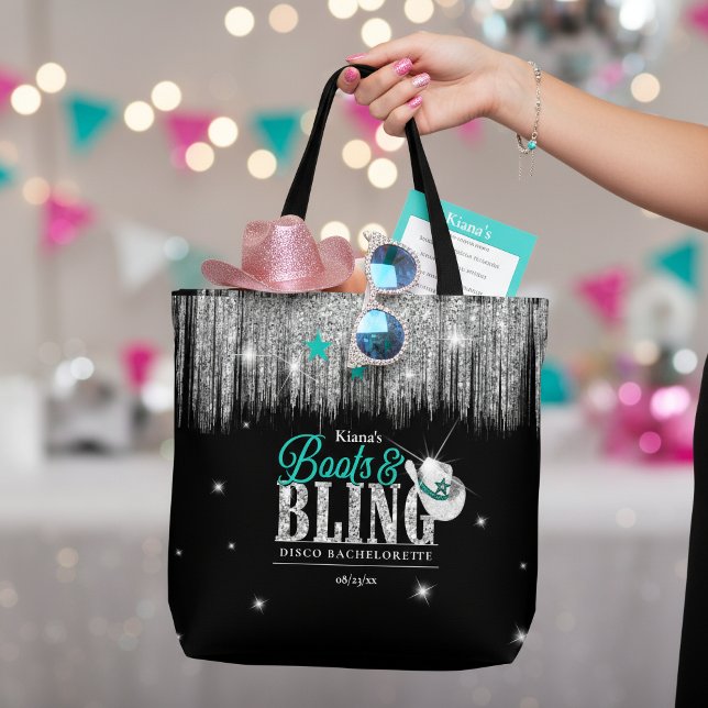 Bolsa Tote Boots 'n Bling Disco Bachelorette Teal ID925 (Criador carregado)