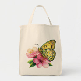 Bolsa Tote Borboleta Amarela em flores de cereja