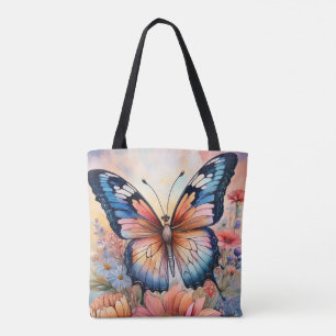 Bolsa Tote Borboleta Arco-íris em um Jardim de Flores