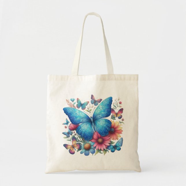 Bolsa Tote Borboleta Azul aprecia flores (Frente)