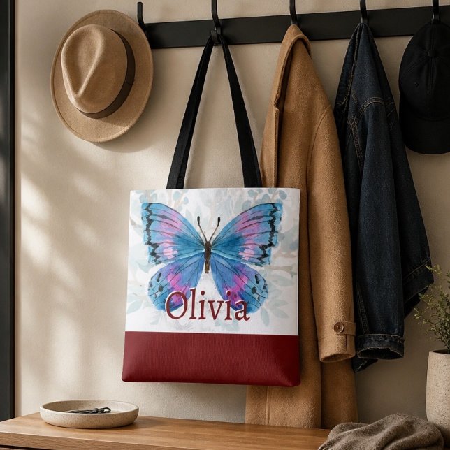 Bolsa Tote Borboleta Azul com Acentos Burgundy (Criador carregado)