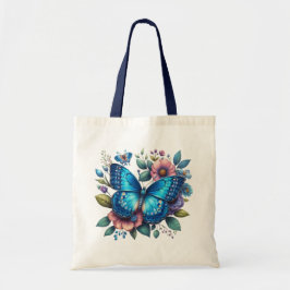 Bolsa Tote Borboleta Azul Escura sobre o design floral
