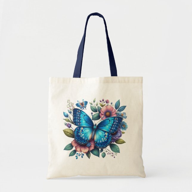 Bolsa Tote Borboleta Azul Escura sobre o design floral (Frente)