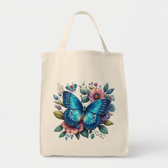 Bolsa Tote Borboleta Azul Escura sobre o design floral (Frente)
