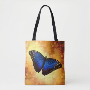 Bolsa Tote Borboleta Azul Morpho em Bokeh Dourado