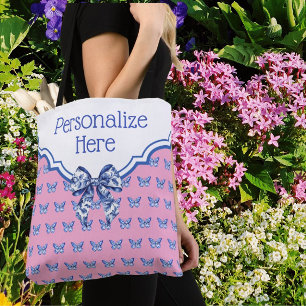 Bolsa Tote Borboleta Branca Azul Rosa Personalizada