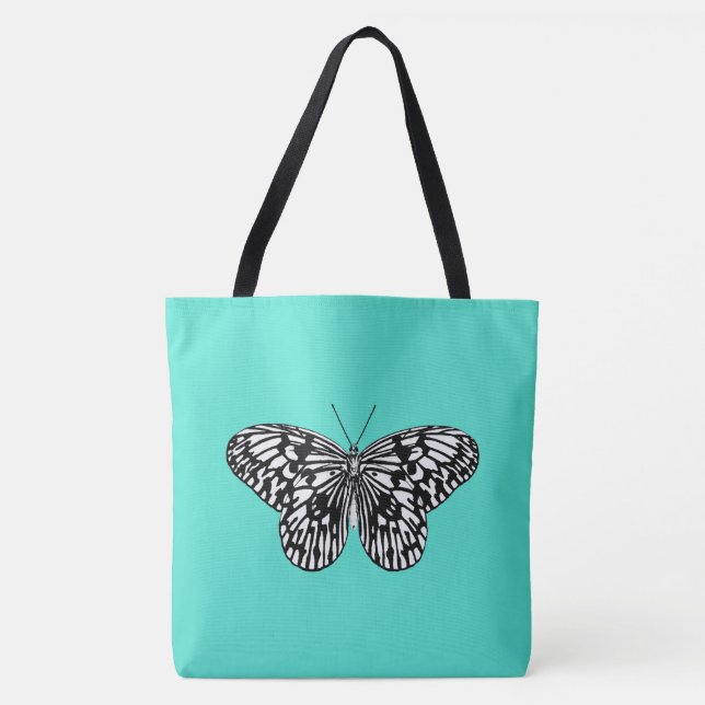 Bolsa Tote Borboleta branca e preta, fundo de turquesa (Frente)