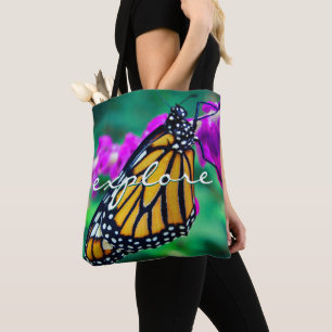 Bolsa Tote Borboleta de Monarca Laranja Explorar Script Moder