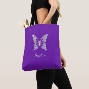 Bolsa Tote Borboleta Diamante Branca, Nome do Script, Roxo