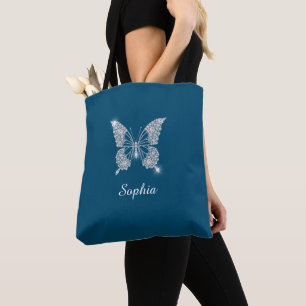 Bolsa Tote Borboleta Diamante Branco, Nome em Letra, Azul Oce