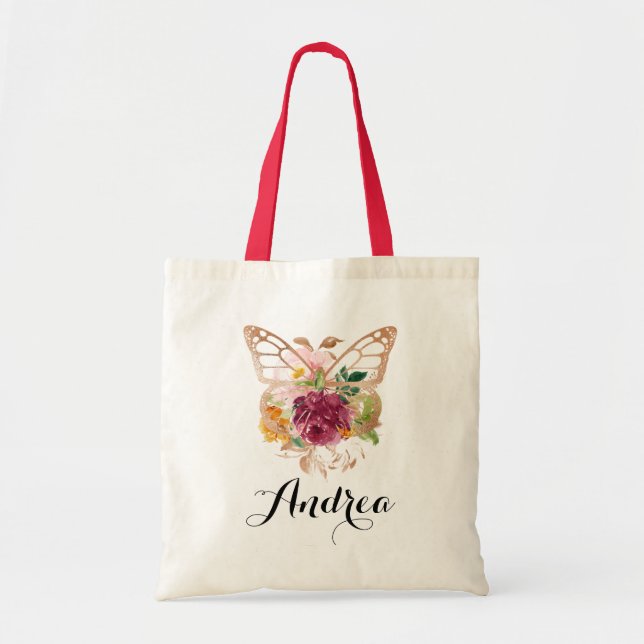 Bolsa Tote Borboleta e Flores de Aquarela Boho Damas de Honra (Frente)