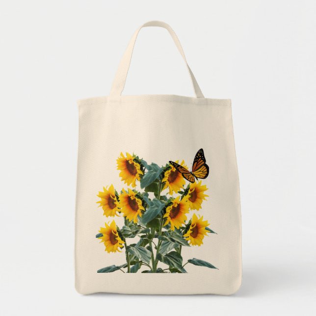 Bolsa Tote Borboleta e Girassóis Amarelos Algodão Twill (Frente)