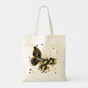 Bolsa Tote Borboleta Flor Dourada com Orquídea Preta