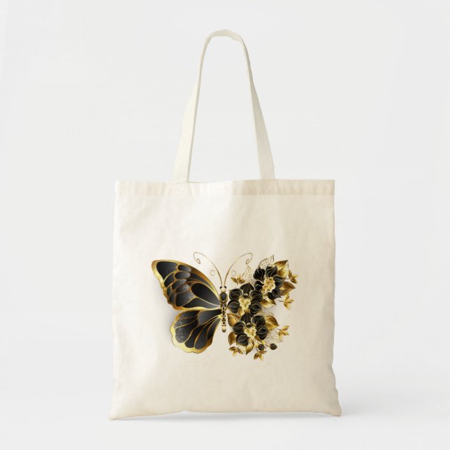 Bolsa Tote Borboleta Flor Dourada com Orquídea Preta (Frente)