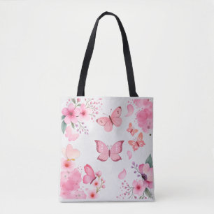 Bolsa Tote Borboleta Floral Jardim Aquarela Rosa