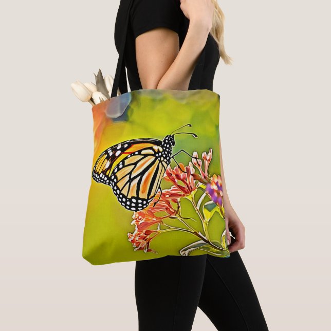 Bolsa Tote Borboleta Laranja na Design do Flor Rosa (Close Up)