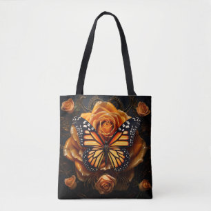 Bolsa Tote Borboleta monarca laranja impressionante com rosas
