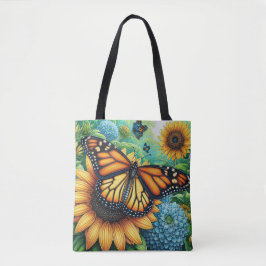 Bolsa Tote Borboleta Monarch descansando em Sunflower