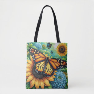 Bolsa Tote Borboleta Monarch descansando em Sunflower
