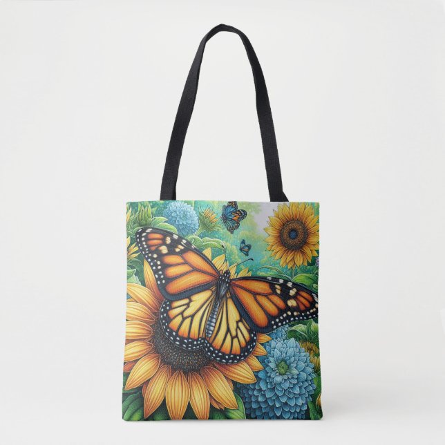 Bolsa Tote Borboleta Monarch descansando em Sunflower (Frente)
