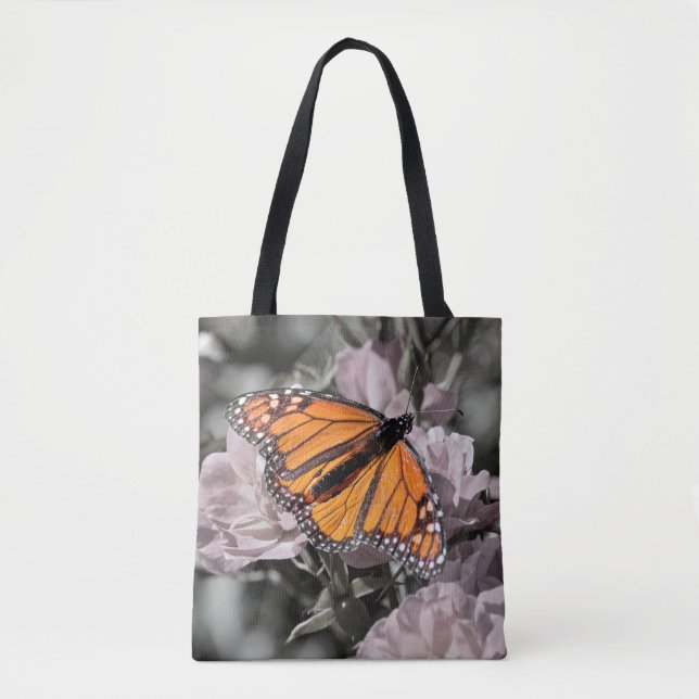 Bolsa Tote Borboleta Monarch em Flores de Rosa Mudada e Cinza (Frente)