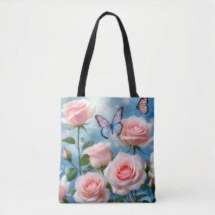 Bolsa Tote Borboleta Na Flor Rosa