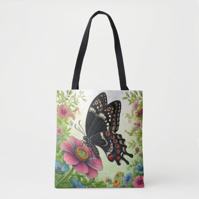 Bolsa Tote Borboleta Negra Aproveitando Flores no Jardim (Frente)