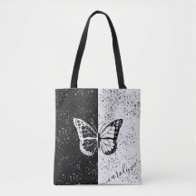 Borboleta Negra e Branco Nome Personalizado Elegan