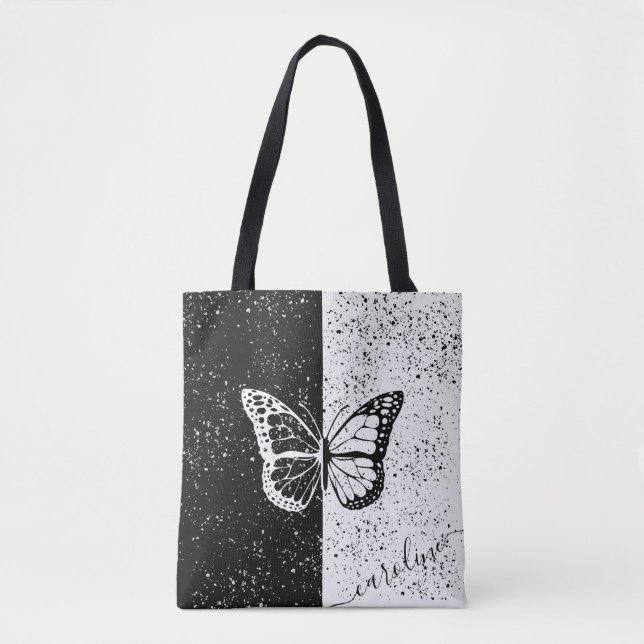Bolsa Tote Borboleta Negra e Branco Nome Personalizado Elegan (Frente)