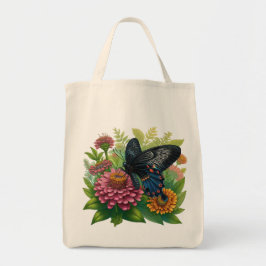 Bolsa Tote Borboleta Negra Salvando Zinônia Rosa Entre Verde