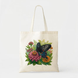 Bolsa Tote Borboleta Negra Salvando Zinônia Rosa Entre Verde