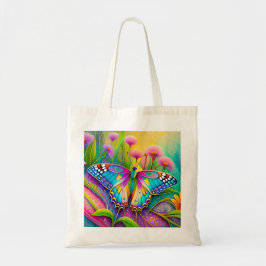 Bolsa Tote Borboleta Psicodélica Colorida e Flores Selvagens