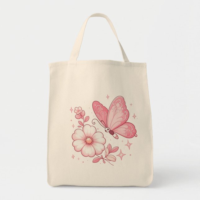 Bolsa Tote Borboleta rosa e flores (Frente)
