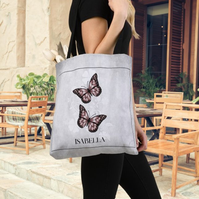 Bolsa Tote Borboleta Rosa Floral Personalizada Toque (Pink Butterfly Floral Personalized Tote Bag)