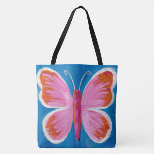 Bolsa Tote Borboleta rosa vibrante em fundo azul