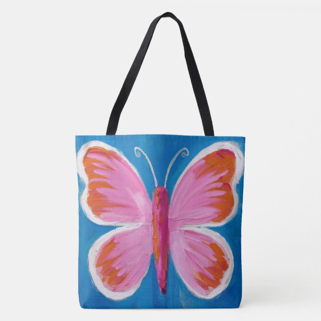 Bolsa Tote Borboleta rosa vibrante em fundo azul (Frente)